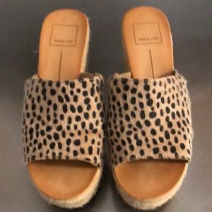 Cheetah print on calf hair roped wedges.